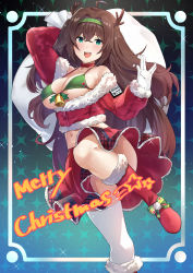Rule 34 | 1girl, absurdres, bag, breasts, brown hair, christmas, dress, english text, fur trim, gloves, green eyes, highres, hotate-chan, long hair, looking at viewer, merry christmas, navel, open mouth, original, santa costume, smile, solo, thighhighs