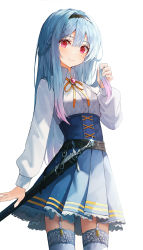 Rule 34 | 1girl, absurdres, bad id, bad pixiv id, black hairband, blue skirt, braid, closed mouth, collared shirt, cowboy shot, dress shirt, gradient hair, hair between eyes, hair intakes, hairband, highres, holding, holding own hair, kerno, long hair, long sleeves, looking at viewer, miniskirt, multicolored hair, neck ribbon, original, pink hair, pleated skirt, red eyes, ribbon, sheath, sheathed, shirt, silver hair, skirt, smile, solo, standing, sword, thighhighs, underbust, very long hair, weapon, white shirt, wing collar, yellow ribbon, zettai ryouiki