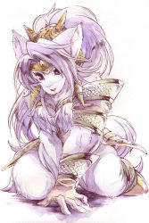Rule 34 | 1girl, absurdly long hair, animal ear fluff, animal ears, armor, big hair, body fur, boots, breasts, cleavage, closed mouth, collarbone, colored eyelashes, eyebrows, eyelashes, full body, fur collar, fur trim, furry, furry female, highres, holster, horns, kneeling, legend of mana, long hair, looking at viewer, nan 2525, purple eyes, purple hair, seiken densetsu, sheath, sheathed, shoulder armor, sierra (lom), simple background, single horn, solo, tail, thick eyebrows, upper body, very long hair, white background, wolf ears, wolf girl, wolf tail