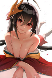 Rule 34 | 1girl, absurdres, ahoge, alone belm, azur lane, bare shoulders, black hair, blush, breasts, breasts squeezed together, cleavage, closed mouth, commentary, crossed bangs, dated, foot out of frame, furrowed brow, hair between eyes, highres, japanese clothes, kimono, licking lips, lips, long hair, looking at viewer, lying, mask, mask on head, medium breasts, off shoulder, on stomach, red eyes, red kimono, signature, simple background, solo, taihou (azur lane), thighhighs, tongue, tongue out, twintails, white background, white thighhighs, wide sleeves