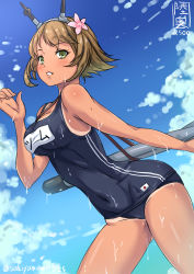 Rule 34 | 1girl, alternate costume, alternate skin color, breasts, brown hair, cosplay, cowboy shot, female focus, flower, flower on head, green eyes, hair flower, hair ornament, japanese flag, kantai collection, large breasts, mutsu (battleship), mutsu (kancolle), one-piece swimsuit, parted lips, partially submerged, ro-500 (kancolle), ro-500 (kancolle) (cosplay), sakiyamama, school swimsuit, short hair, solo, swimsuit, tan, tanline, wading