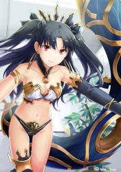 Rule 34 | 1girl, alle gro, armlet, asymmetrical gloves, asymmetrical legwear, bare arms, bare legs, bare shoulders, black gloves, black hair, black panties, black ribbon, black thighhighs, breasts, cleavage, closed mouth, collar, collarbone, crown, earrings, elbow gloves, fate/grand order, fate (series), female focus, from below, gloves, hair ribbon, hoop earrings, indoors, ishtar (fate), jewelry, leaning, leaning forward, legs, long hair, looking at viewer, medium breasts, midriff, navel, panties, parted bangs, plant, red eyes, revealing clothes, ribbon, single elbow glove, single glove, single thighhigh, smile, solo, standing, strapless, thighhighs, thighlet, tohsaka rin, twitter username, two side up, type-moon, underwear, uneven gloves, uneven legwear