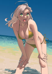 Rule 34 | 1girl, ahoge, alternate costume, bare shoulders, beach, bikini, blue sky, breasts, cleavage, commentary, feet out of frame, green eyes, hands on own knees, highres, kantai collection, kinugasa (kancolle), large breasts, long hair, ocean, ojipon, open mouth, outdoors, pink hair, sand, side-tie bikini bottom, sky, smile, solo, swimsuit, symbol-only commentary, water, yellow bikini