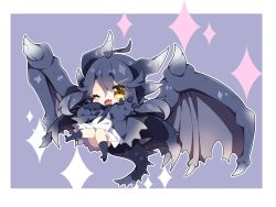 Rule 34 | 1girl, ;d, ahoge, black hair, black jacket, black socks, blush, brown eyes, chibi, commentary request, dragon girl, dragon horns, dragon tail, dragon wings, dress, fang, fatalis, full body, grey wings, hair between eyes, hair ornament, hairclip, highres, horns, jacket, knees together feet apart, looking at viewer, milkpanda, monster hunter (series), no shoes, one eye closed, open mouth, personification, purple background, short eyebrows, smile, socks, soles, solo, sparkle, spiked tail, tail, thick eyebrows, two-tone background, white background, white dress, wings