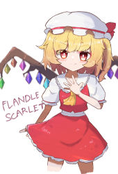 Rule 34 | 1girl, absurdres, blonde hair, character name, closed mouth, collared shirt, commentary request, cowboy shot, flandre scarlet, frilled shirt collar, frilled skirt, frills, hat, hat ribbon, highres, looking at viewer, mob cap, multicolored wings, puffy short sleeves, puffy sleeves, red eyes, red ribbon, red skirt, red vest, ribbon, sasugane watashi, shirt, short sleeves, simple background, skirt, smile, solo, touhou, v-shaped eyebrows, vest, white background, white hat, white shirt, wings