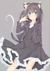 Rule 34 | 1girl, animal ears, aqua eyes, arm behind back, black dress, black hair, blush, cat ears, cat girl, cat tail, closed mouth, dress, frilled dress, frills, green nails, grey background, hand up, highres, jacket, kafuka, kavka, legs apart, long hair, looking at viewer, nail polish, open clothes, open jacket, original, simple background, smile, solo, standing, tail