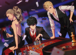 Rule 34 | 1girl, 2boys, alcohol, amamiya ren, backless dress, backless outfit, belt, black dress, black eyes, black hair, blonde hair, blue eyes, brown eyes, card, casino, champagne, champagne flute, collared shirt, cup, dress, drinking glass, glasses, looking at viewer, multiple boys, necktie, persona, persona 5, playing card, poker chip, ponytail, red necktie, red thighhighs, sakamoto ryuuji, shirt, short hair, smile, sophie (693432), table, takamaki anne, thighhighs