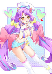 Rule 34 | 1girl, adapted costume, bow, breasts, cure coral, facial mark, facial tattoo, hair bow, heart, heart facial mark, heart tattoo, highres, large breasts, long hair, looking at viewer, nail polish, precure, purple hair, red bow, rumo, solo, suzumura sango, symbol-only commentary, tattoo, thighhighs, tropical-rouge! precure, very long hair, white thighhighs