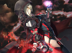 Rule 34 | 1girl, armor, artoria pendragon (fate), ass, black cloud, black leotard, black thighhighs, blonde hair, breastplate, cloud, cloudy sky, coat, dutch angle, excalibur morgan (fate), fate/grand order, fate (series), from side, gauntlets, glowing, glowing sword, glowing weapon, hand up, highres, holding, holding sword, holding weapon, hood, hood up, kawanakajima, leotard, lightning, looking at viewer, mysterious heroine x alter (fate), mysterious heroine x alter (third ascension) (fate), orange eyes, outdoors, parted lips, pauldrons, profile, shoulder armor, sidelocks, sky, solo, sword, thighhighs, thighs, weapon
