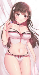 Rule 34 | 1girl, bandeau, bare arms, bare shoulders, black choker, breasts, brown eyes, brown hair, check copyright, choker, cleavage, collarbone, colored inner hair, copyright request, cowboy shot, crop top, flower, frilled panties, frills, hair flower, hair ornament, highres, holding, large breasts, long hair, looking at viewer, midriff, multicolored hair, naomi (fantasia), navel, no pants, original, panties, revealing clothes, shirt, smile, solo, stomach, strapless, thigh gap, thighs, tube top, underwear, white panties, white shirt