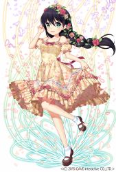 Rule 34 | 1girl, :d, bare shoulders, black hair, blush, braid, clothes lift, dress, dress lift, floral print, flower, full body, gothic wa mahou otome, green eyes, hair flower, hair ornament, hand in own hair, jenevan, long hair, looking at viewer, open mouth, pinky out, puffy sleeves, ribbon-trimmed dress, shoes, short sleeves, single braid, smile, socks, solo, standing, standing on one leg, watermark, white socks