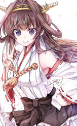 Rule 34 | 1girl, ahoge, artist name, bare shoulders, black skirt, brown hair, cowboy shot, dated, detached sleeves, double bun, grin, hair bun, hairband, headgear, highres, japanese clothes, kantai collection, kongou (kancolle), long hair, makina00, nontraditional miko, pleated skirt, purple eyes, ribbon-trimmed sleeves, ribbon trim, signature, skirt, smile, solo, v, wide sleeves