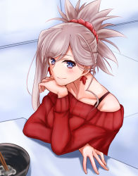 Rule 34 | 1girl, alternate costume, blush, chopsticks, earrings, eyes visible through hair, fate/grand order, fate (series), hand on own chin, highres, jewelry, miyamoto musashi (fate), nagishy, ponytail, red sweater, scrunchie, simple background, sitting, sitting on table, spaghetti strap, sweater