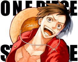 Rule 34 | 1boy, black hair, commentary, commentary request, english commentary, english text, facial scar, hat, male focus, mixed-language commentary, miyoko 0509, monkey d. luffy, one piece, open clothes, open mouth, open shirt, red shirt, scar, scar on cheek, scar on chest, scar on face, shirt, short hair, smile, solo, straw hat, teeth, unworn hat, unworn headwear