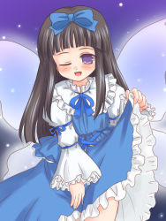 Rule 34 | 1girl, ;d, black hair, blue bow, blue dress, bow, brown hair, collar, dress, eastern and little nature deity, female focus, frilled sleeves, frills, hair bow, long hair, long sleeves, one eye closed, open mouth, purple eyes, ry (yagoyago), skirt hold, smile, solo, standing, star sapphire, touhou, touhou sangetsusei, very long hair, wink