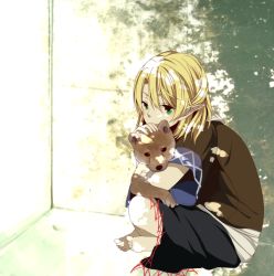 Rule 34 | 1girl, blonde hair, dog, female focus, full body, green eyes, hunched over, indian style, mizuhashi parsee, headpat, pointy ears, safai, sitting, solo, touhou