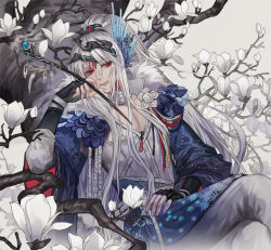 Rule 34 | 1boy, black gloves, chinese clothes, crossed legs, eyebrows, fingerless gloves, gloves, grey background, hand on own thigh, holding, holding smoking pipe, kiseru, lin xue ya, long hair, looking at viewer, male focus, parted lips, peridotz, ponytail, red eyes, simple background, sitting, smoking pipe, solo, thunderbolt fantasy, tree, very long hair, white hair