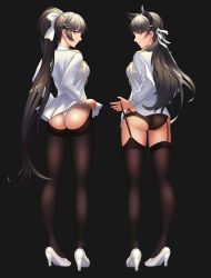 Rule 34 | 2girls, absurdres, aiguillette, animal ears, ass, atago (azur lane), azur lane, black background, black panties, blunt bangs, breasts, closed mouth, clothes lift, clothes pull, from behind, full body, garter straps, hair ribbon, high heels, highres, legs apart, lips, long hair, long sleeves, looking back, medium breasts, miniskirt, mole, mole under eye, multiple girls, no pants, panties, pantyhose, pantyhose pull, pleated skirt, ponytail, profile, ribbon, shirt, simple background, skirt, skirt lift, smile, standing, takao (azur lane), thighhighs, thong, underwear, upskirt, very long hair, white footwear, white panties, white ribbon, white shirt, white skirt, yellow eyes, zhao shixuan