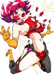 Rule 34 | 00s, 1girl, black thighhighs, blush, boots, breasts, crotch plate, cutie honey, cutie honey (character), elbow gloves, garter straps, gloves, hairband, heart, kisaragi honey, large breasts, magical girl, marker (medium), navel, nipples, pink eyes, puffy nipples, rafchu, re: cutie honey, red hair, short hair, sideboob, solo, sweatdrop, thighhighs, torn clothes, traditional media