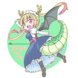 Rule 34 | 1girl, :d, arm up, back bow, blush, bow, copyright name, dragon girl, dragon tail, dragon wings, dress, elbow gloves, fang, frilled dress, frills, from behind, gloves, gradient hair, kobayashi-san chi no maidragon, long hair, looking at viewer, looking back, maid headdress, multicolored hair, open clothes, open mouth, orange hair, pink eyes, pink hair, puffy short sleeves, puffy sleeves, short sleeves, smile, socks, solo, tachikawa, tail, tohru (maidragon), twintails, two-tone hair, very long hair, wings