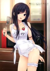Rule 34 | 1girl, :d, absurdres, adapted costume, apron, black eyes, black hair, bridal garter, coffee-kizoku, cupboard, food, food-themed ornament, frilled swimsuit, frills, fruit, highres, lace, long hair, microwave, name tag, nontraditional school swimsuit, old school swimsuit, one-piece swimsuit, open mouth, original, ribbon, school swimsuit, shiramine rika, smile, spatula, strawberry, swimsuit, white one-piece swimsuit, white school swimsuit