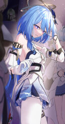 Rule 34 | 5girls, absurdres, aponia (honkai impact), armpit crease, ass, blue hair, breasts, cleavage cutout, clothing cutout, commentary request, cowboy shot, detached sleeves, dress, elysia (honkai impact), gloves, griseo, griseo (cosmic expression), griseo (starry impression), hair between eyes, hair ornament, hand in own hair, highres, honkai (series), honkai impact 3rd, large breasts, light blue hair, looking at viewer, mobius (honkai impact), multiple girls, nagonako, pantyhose, purple eyes, smile, solo focus, thigh strap, thighs, white dress, white gloves, white pantyhose