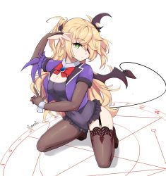 Rule 34 | 1girl, bat wings, black thighhighs, blazer, blonde hair, bow, chuunibyou, chuunibyou demo koi ga shitai!, closed mouth, cosplay, demon girl, eyepatch, fischl (genshin impact), full body, genshin impact, green eyes, grey background, hand on own hip, hand wraps, highres, jacket, leotard, long hair, magic circle, md5 mismatch, nontraditional playboy bunny, playboy bunny, purple bow, red neckwear, self-upload, simple background, single wing, sitting, smile, solo, soveno, summoning, tail, takanashi rikka, takanashi rikka (cosplay), thighhighs, trait connection, two side up, very long hair, voice actor connection, wings