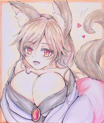 Rule 34 | 1girl, animal ears, biyorina na kitsune, breasts, brooch, brown hair, cleavage, dress, fangs, heart, highres, imaizumi kagerou, jewelry, large breasts, looking at viewer, off-shoulder dress, off shoulder, open mouth, red eyes, simple background, solo, tail, touhou, traditional media, werewolf, wolf ears, wolf tail
