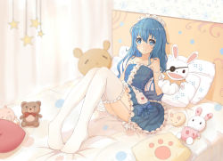 Rule 34 | 1girl, blue dress, blue eyes, blue hair, darcy (pixiv11949485), date a live, dress, eyepatch, frilled thighhighs, frills, full body, hand puppet, highres, on bed, panties, pantyshot, puppet, sitting, smile, solo, stuffed animal, stuffed toy, thighhighs, underwear, white panties, yoshino (date a live), yoshinon