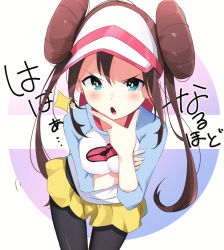 Rule 34 | 1girl, aqua eyes, back bow, black pantyhose, blouse, blush, bow, breasts, brown hair, creatures (company), crossed arms, double bun, female focus, game freak, gradient background, hair bun, hand on own chin, hand up, hat, ichiki 1, japanese text, leaning forward, long hair, long sleeves, looking at viewer, medium breasts, nintendo, open mouth, pantyhose, pink bow, pink hat, poke ball symbol, poke ball theme, pokemon, pokemon bw2, pokemon masters ex, purple background, raglan sleeves, rosa (pokemon), shirt, short shorts, shorts, simple background, solo, sparkle, standing, stroking own chin, talking, thigh gap, thinking, translation request, twintails, visor cap, white shirt, yellow shorts