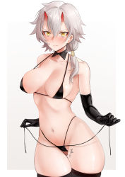 Rule 34 | 1girl, absurdres, areola slip, azur lane, bare shoulders, bikini, black bikini, black gloves, black thighhighs, blush, body writing, breasts, cl (summer sama), cleavage, closed mouth, collarbone, commentary, commission, covered erect nipples, cowboy shot, detached collar, elbow gloves, gloves, gluteal fold, groin, hair between eyes, hair over shoulder, highres, horns, kinu (azur lane), looking at viewer, low ponytail, medium breasts, medium hair, micro bikini, multi-strapped bikini, navel, oni horns, pixiv commission, sidelocks, silver hair, simple background, skindentation, solo, standing, stomach, strap pull, swimsuit, tally, thigh gap, thighhighs, wavy mouth, white background, yellow eyes