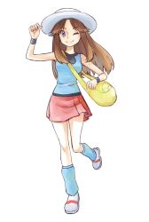 Rule 34 | 1girl, ;), ayan ip, bag, black wristband, blue shirt, blue socks, brown hair, bucket hat, closed mouth, commentary request, creatures (company), game freak, green (pokemon), hair flaps, hand up, hat, highres, knees, leg up, long hair, loose socks, messenger bag, nintendo, one eye closed, pokemon, pokemon adventures, red skirt, shirt, shoes, shoulder bag, simple background, skirt, sleeveless, sleeveless shirt, smile, socks, solo, white background, white footwear, white hat, wristband, yellow bag