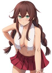 Rule 34 | 1girl, braid, breasts, brown hair, closed mouth, commentary request, cowboy shot, green eyes, hair between eyes, hand on own hip, highres, ichikawa feesu, kantai collection, large breasts, leaning forward, light blush, long hair, looking at viewer, low twin braids, miniskirt, navel, noshiro (kancolle), pleated skirt, red skirt, simple background, skirt, solo, topless, towel, twin braids, very long hair, white background