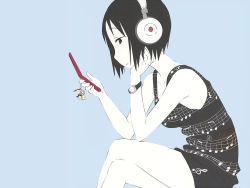 Rule 34 | 1girl, beamed quavers, black hair, cellphone, cellphone charm, charm (object), crotchet rest, dress, flat color, headphones, ichigo mashimaro, itou nobue, listening to music, musical note, pale skin, phone, quaver, quaver rest, short hair, solo, staff (music), treble clef, wallpaper, watch, wristwatch