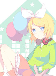 Rule 34 | 1girl, aryuma772, balloon, blonde hair, blue eyes, bow, closed mouth, green sweater, hair bow, hair ornament, hand in pocket, headphones, headphones around neck, highres, hood, hood down, hooded sweater, kagamine rin, layered skirt, miniskirt, parted bangs, pink skirt, short hair, skirt, solo, stuffed animal, stuffed rabbit, stuffed toy, sweater, vocaloid, white bow, x hair ornament