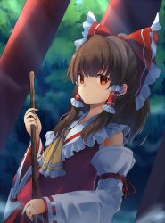 Rule 34 | 1girl, :/, ascot, bare shoulders, black hair, bow, breasts, broom, collar, collared shirt, detached sleeves, dot nose, fen zuo, flat chest, frilled shirt collar, frills, hair between eyes, hair ornament, hair tubes, hakurei reimu, leaf, light rays, long sleeves, medium breasts, nontraditional miko, open mouth, priestess, red bow, red shirt, red skirt, ribbon-trimmed sleeves, ribbon trim, shirt, short hair, skirt, solo, sunbeam, sunlight, torii, touhou, upper body, wide sleeves, yellow ascot