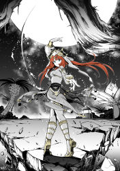 Rule 34 | 1girl, absurdres, arm up, crack, cracked floor, crop top, dancing, dated, full moon, genshin impact, gold trim, greyscale, harem outfit, highres, long hair, looking at viewer, monochrome, moon, night, nilou (genshin impact), qingwa chi she, red hair, signature, skirt, solo, spot color, tassel, tree, veil, wind