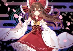 Rule 34 | 1girl, alternate costume, black background, blush, bow, brown eyes, brown hair, cherry blossoms, commentary request, detached sleeves, egasumi, hair bow, hair tubes, hakurei reimu, hand up, highres, kyouda suzuka, long hair, long sleeves, looking at viewer, nail polish, petals, red bow, red nails, red skirt, sailor collar, shirt, skirt, smile, solo, touhou, white shirt, wide sleeves
