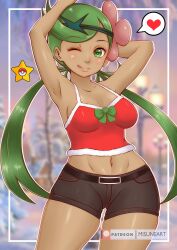 Rule 34 | 1girl, absurdres, armpits, arms up, breasts, creatures (company), crop top, dark-skinned female, dark skin, flower, game freak, green eyes, green hair, hair flower, hair ornament, heart, highres, long hair, looking at viewer, mallow (pokemon), medium breasts, misune art, navel, nintendo, one eye closed, poke ball, pokemon, pokemon sm, shorts, sleeveless, smile, solo, star (symbol), tongue, tongue out, twintails, very long hair, wink