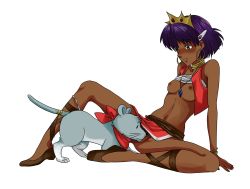 Rule 34 | 1girl, bandeau, bare shoulders, bestiality, bob cut, bracelet, breasts, clothes lift, commentary, cross-laced sandals, cunnilingus, dark-skinned female, dark skin, earrings, female pubic hair, fushigi no umi no nadia, green eyes, hoop earrings, jewelry, king (nadia), koutarou (4441087), lion, loincloth, nadia la arwall, neck ring, necklace, no panties, oral, pelvic curtain, pubic hair, purple hair, shirt lift, short hair, simple background, smelling, smile, solo, strapless, tiara, tube top, vest, white background