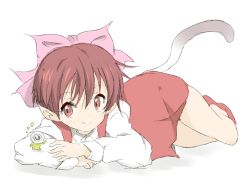 Rule 34 | 1girl, ^^^, arm up, bow, brown hair, cat tail, collar, collared shirt, core (mayomayo), dress, eye contact, eyeball, fang, full body, gegege no kitarou, hair bow, hair ornament, long sleeves, looking at another, lying, medama oyaji, nekomusume, on side, pinafore dress, pointy ears, red eyes, sanpaku, shadow, shirt, short hair, simple background, sketch, sleeveless dress, slit pupils, smile, tail, traditional youkai, waving, white background, white shirt