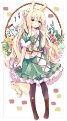 Rule 34 | 1girl, :o, absurdres, animal, animal ear fluff, animal ears, bad id, bad pixiv id, black pantyhose, blonde hair, blush, boots, brown footwear, collared shirt, commentary, cross-laced footwear, dress, flower, frilled dress, frills, full body, green dress, green eyes, hair between eyes, hair bun, hand up, highres, hourglass, lace-up boots, looking at viewer, original, pantyhose, parted lips, pink flower, puffy short sleeves, puffy sleeves, shirt, short sleeves, side bun, single hair bun, single side bun, solo, standing, symbol-only commentary, tail, tsukiyo (skymint), white background, yellow flower