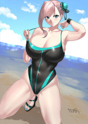 Rule 34 | 1girl, bare shoulders, beach, black one-piece swimsuit, blue eyes, blue one-piece swimsuit, blue sky, blush, breasts, bun cover, cleavage, collarbone, fate/grand order, fate (series), hair bun, hair ribbon, highleg, highleg swimsuit, highres, kurozawa yui, large breasts, long hair, looking at viewer, miyamoto musashi (fate), miyamoto musashi (fate/grand order), miyamoto musashi (swimsuit berserker) (fate), miyamoto musashi (swimsuit berserker) (first ascension) (fate), nail polish, ocean, one-piece swimsuit, pink hair, ribbon, shore, side bun, single hair bun, single side bun, sky, smile, solo, swept bangs, swimsuit, thighs, two-tone swimsuit