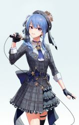 Rule 34 | 1girl, absurdres, belt, belt buckle, black gloves, black thighhighs, blue background, blue choker, blue eyes, blue hair, blue neckerchief, buckle, choker, collared dress, commentary, cowboy shot, dress, gloves, grey dress, grey hat, hat, highres, holding, holding microphone, hololive, hoshimachi suisei, hoshimachi suisei (1st costume), light blush, long hair, long sleeves, looking at viewer, mac star, microphone, neckerchief, parted lips, partially fingerless gloves, plaid, plaid dress, plaid headwear, simple background, single thighhigh, solo, symbol in eye, thigh strap, thighhighs, virtual youtuber