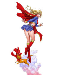 Rule 34 | 1girl, belt, blonde hair, boots, breasts, cape, cat, dc comics, fingernails, floating hair, highres, kneepits, long fingernails, long hair, long sleeves, looking at viewer, looking back, medium breasts, midriff, open mouth, simple background, skirt, solo, supergirl, white background, wind, wind lift, yamashita shun&#039;ya, yellow belt
