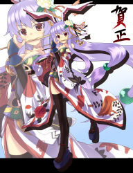Rule 34 | 1girl, alternate costume, animal ears, arrow (projectile), bare shoulders, bell, black thighhighs, breasts, cleavage, clog sandals, detached sleeves, ema, female focus, hair ornament, hamaya, japanese clothes, kanzashi, kimono, long hair, low-tied long hair, okobo, purple hair, rabbit ears, red eyes, reisen udongein inaba, saemon (tonpura), sandals, solo, thighhighs, touhou, very long hair, zoom layer