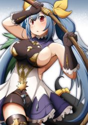 Rule 34 | 1girl, asymmetrical wings, black gloves, black thighhighs, blue hair, blush, breasts, commentary request, cosplay request, dizzy (guilty gear), dress, gloves, guilty gear, hair ribbon, hair rings, holding, holding weapon, impossible clothes, impossible dress, large breasts, mirano, no bra, red eyes, ribbon, sideboob, solo, tail, tail ornament, tail ribbon, thighhighs, twintails, weapon, wings, yellow ribbon, zettai ryouiki