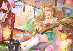 Rule 34 | 1girl, :d, antenna hair, aqua skirt, black footwear, brown hair, cherry blossoms, closed eyes, geta, guitar, indoors, instrument, japanese clothes, lantern, long hair, lute (instrument), monster strike, music, musical note, open mouth, paper lantern, playing instrument, plectrum, scrunchie, ship, sitting, skirt, smile, solo, taba comya, thighhighs, tree, twintails, very long hair, watercraft, white thighhighs, wrist scrunchie