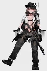 Rule 34 | 1girl, ammunition, ammunition belt, assault rifle, bad id, bad pixiv id, bandolier, belt, belt pouch, black bra, black footwear, black gloves, black hair, black hat, black panties, black pants, bra, breast pocket, breasts, breasts apart, brown eyes, buttons, commentary request, facial mark, full body, gloves, grey background, gun, gun request, hat, highres, ihobus, knee pads, korean commentary, lace trim, leg belt, long hair, looking at viewer, medium breasts, open clothes, open fly, open shirt, original, panties, pants, peaked cap, pocket, pouch, rifle, scope, shirt, shoes, short sleeves, shotgun shell, smile, sneakers, solo, underwear, walkie-talkie, weapon, white shirt