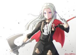 Rule 34 | 1girl, ascot, axe, cape, edelgard von hresvelg, female focus, fire emblem, fire emblem: three houses, gloves, grimmelsdathird, hair ornament, hair ribbon, highres, long hair, looking at viewer, mole, mole under mouth, nintendo, purple eyes, purple ribbon, ribbon, signature, simple background, smile, solo, standing, twitter username, uniform, weapon, white background, white gloves, white hair